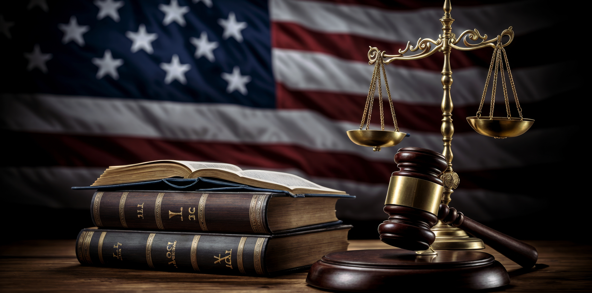 Gavel, scale, and books in front of American flag